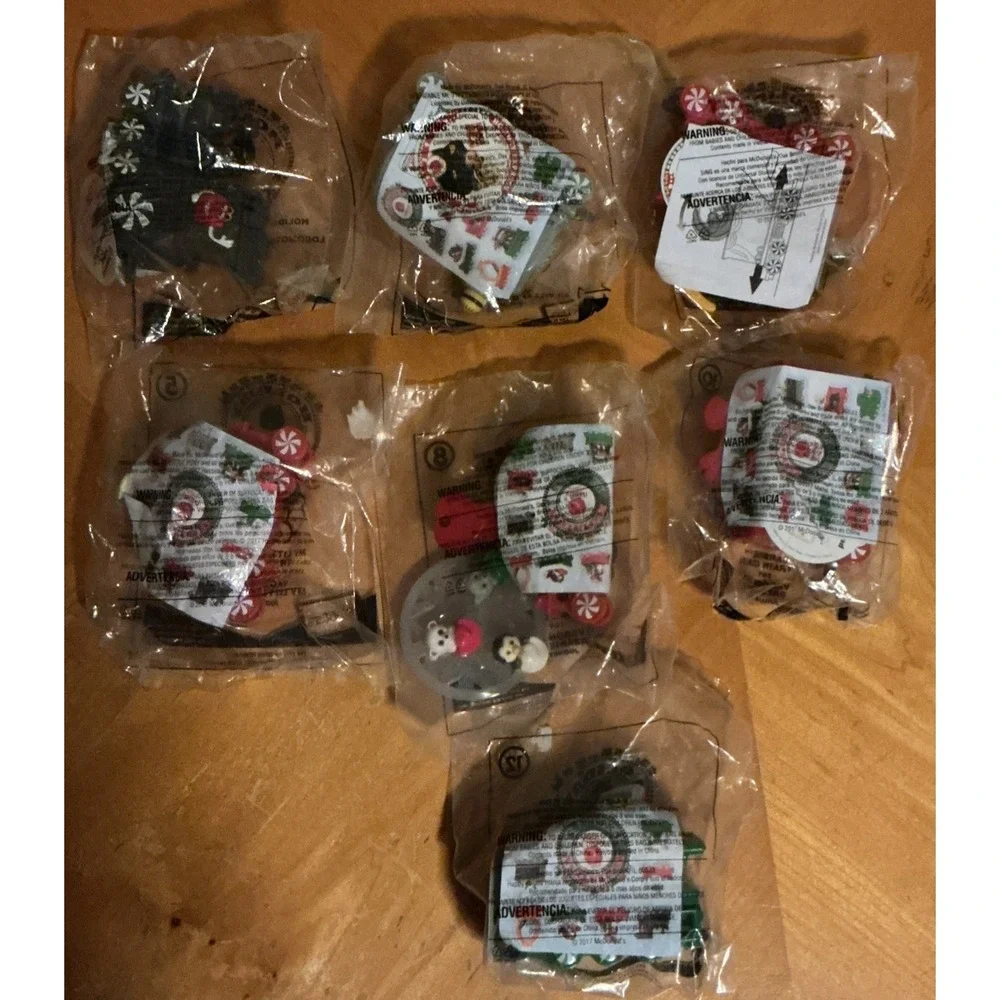 McDonalds 2017 Holiday Express Christmas Train Lot Of 7 Trains, Barbie, M&M, NIP